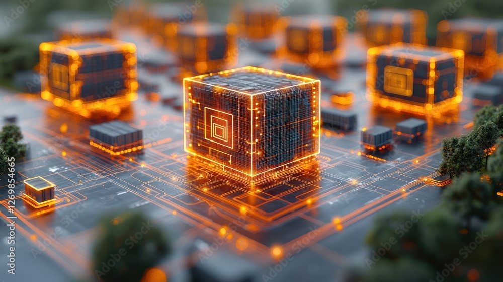 Poster secure data cubes on circuit board, nature background, digital security