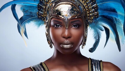 beautiful dark-skinned woman in unusual costume with feathers on her head, like a woman of war in ancient times