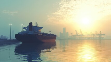 Fototapeta premium Cargo Ship at Port during Sunset with Cranes and Infrastructure in the Background, Highlighting the Role of Maritime Shipping in Global Logistics (Shipping, Logistics, Port)