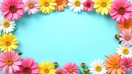 Obraz premium summer floral frame with colorful flowers on blue pastel background, creating a vibrant border, empty, template copyspace for text, advertising, promotions, floral shops, events, greeting cards