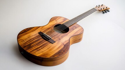 Fototapeta premium Acoustic guitar resting on its side isolated with a clean white background emphasizing the natural wood texture