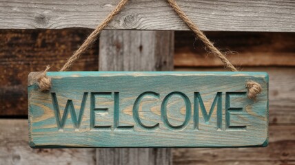 A weathered turquoise welcome sign hangs on a wooden wall