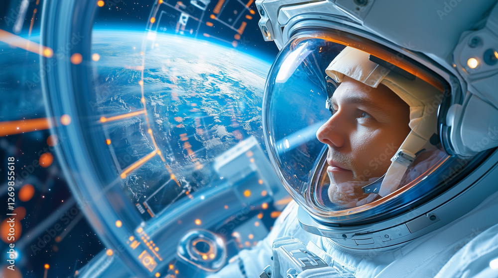 Poster astronaut observes earth from the international space station while floating in zero gravity during 