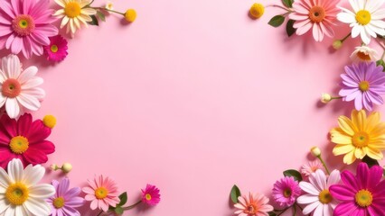 Fototapeta premium spring floral frame with colorful flowers on pink pastel background, creating a vibrant border, empty, template copyspace for text, advertising, promotions, floral shops, events, greeting cards