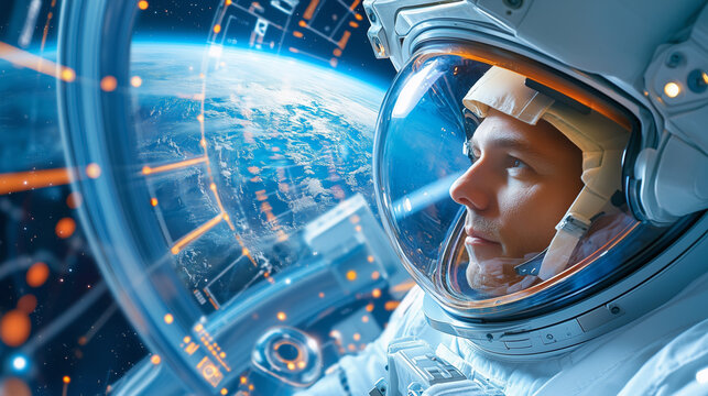 Astronaut observes Earth from the International Space Station while floating in zero gravity during a space mission