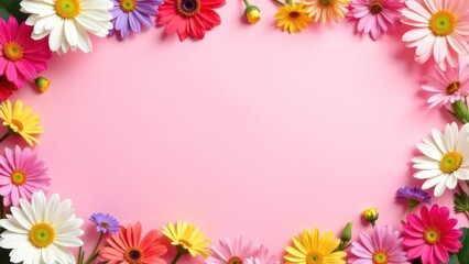 Fototapeta premium spring floral frame with colorful flowers on pink pastel background, creating a vibrant border, empty, template copyspace for text, advertising, promotions, floral shops, events, greeting cards