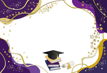 Horizontal graduation invitation or greeting card template with books,master's cap, diploma, purple -gold colors abstract form spots frame , stars and wavy ribbons decorations . Free copy space .