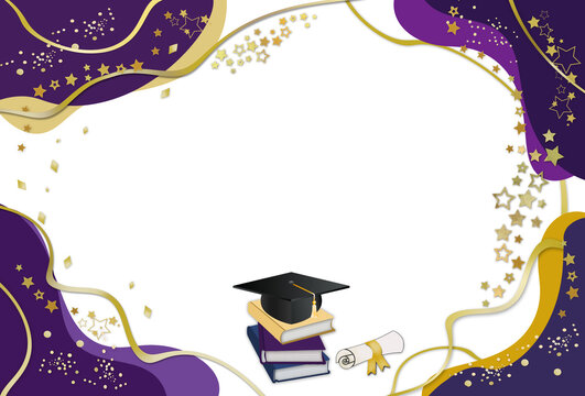 Horizontal graduation invitation or greeting card template with books,master's cap, diploma, purple -gold colors abstract form spots frame , stars and wavy ribbons decorations . Free copy space .