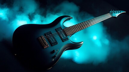 Obraz premium Electric guitar with a sleek black finish glowing under soft blue lighting against a dark background