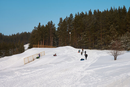 A tubing track at a ski resort. A group of people with children and inflatable sleds climbing a snowy slope with picturesque and pine trees.
