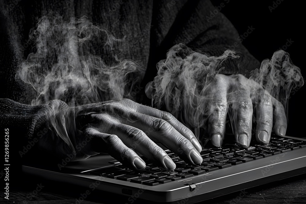 Aufkleber hacker in the mist: an enigmatic figure's hands are enveloped in a swirling mist as they type furiou