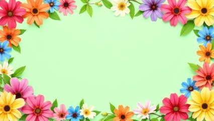 Summer floral frame with colorful flowers on green pastel background, creating a vibrant border, empty, template copyspace for text, advertising, promotions, floral shops, events, greeting cards