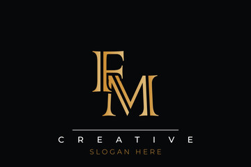 Sophisticated gold FM monogram logo on a sleek black background, ideal for branding, creative design, and luxurious themes.