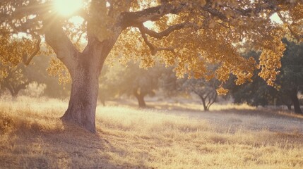 Fototapeta premium Golden Hour Meadow with Majestic Oak Tree - A Serene Landscape Painting
