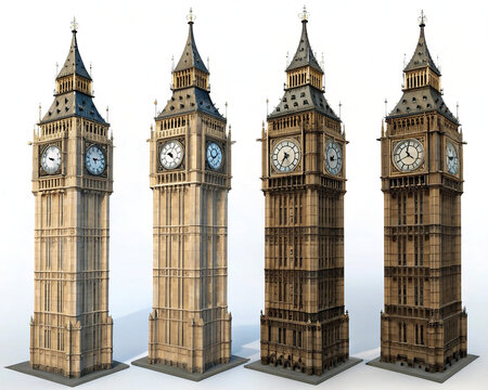 Big Ben iconic clock tower London four views transparent background