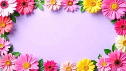 Summer floral frame with colorful flowers on lilac pastel background, creating a vibrant border, empty, template copyspace for text, advertising, promotions, floral shops, events, greeting cards