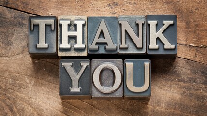 Letterpress blocks spell out thank you on a wooden surface