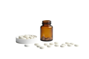 White tablets spilling from an amber bottle on a clean, bright surface in a clinical setting isolated on transparent background