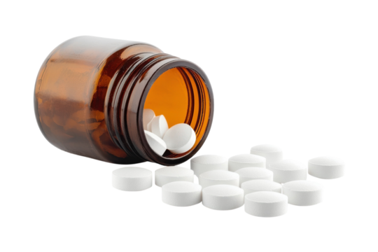 White tablets scattered around a tipped amber bottle on a reflective surface in soft lighting isolated on transparent background