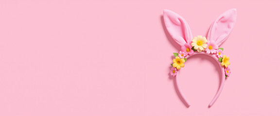 Pink bunny ear headband adorned with vibrant flowers on a soft pink background conveying a playful and festive mood associated with spring celebrations