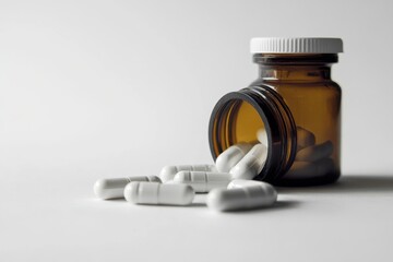 White capsules scattered from an amber bottle on a clean surface during soft natural lighting isolated on transparent background