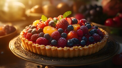 Elegant Fresh Fruit Tart on a Decorative Plate with a Glaze Finish – Generative AI
