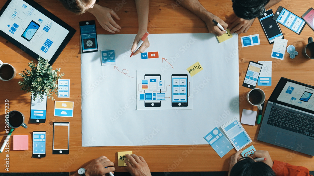  top view of developer team sharing idea of ux ui design by using mind map. top down view of group of