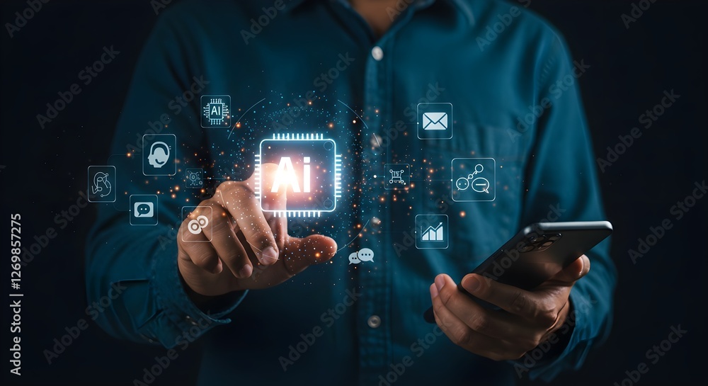 Poster a person interacts with digital icons related to ai technology while holding a smartphone, highlight