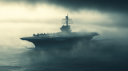 Panoramic view of a military aircraft carrier in action with powerful backlight, symbolizing strength, innovation, and modern naval operations