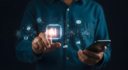 A person interacts with digital icons related to AI technology while holding a smartphone, highlighting the integration of artificial intelligence in daily life.