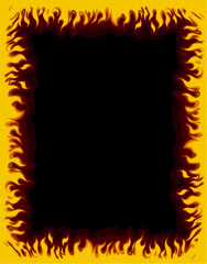Yellow and orange flame frame around black background. Vector illustration in cartoon style