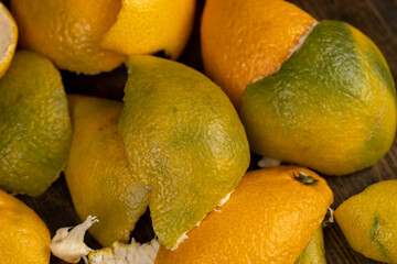 peeled orange ripe tangerines on the table