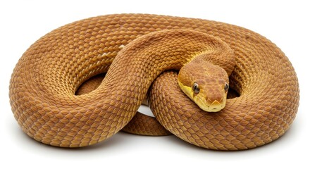 Fototapeta premium A front angle of a a coiled snake the snake is positioned in the center of the image its scales are a warm golden-brown color and its eyes are a bright yellow on white background royal python