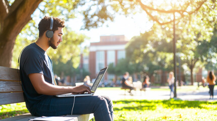Fototapeta premium College student studying outdoors under a tree on campus