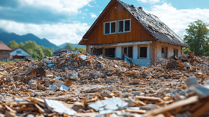 Pile of rubble and debris on top of a wooden house roof, symbolizing destruction and reconstruction, with broken windows showcasing the fragility of modern architecture and the passage of time