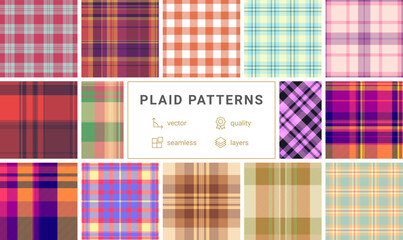 Collection of 12 vibrant plaid patterns. Perfect for textile design, fashion, and website backgrounds.  Seamless vector designs offer versatile options for diverse projects.