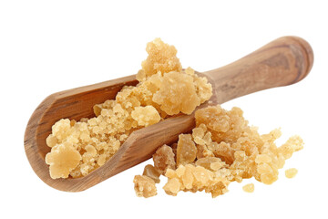 Natural amber resin gathered in a wooden scoop resting on a bright white background isolated on transparent background