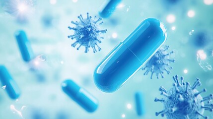 Blue capsule surrounded by viruses representing medicine, health, and immunity in a modern scientific environment