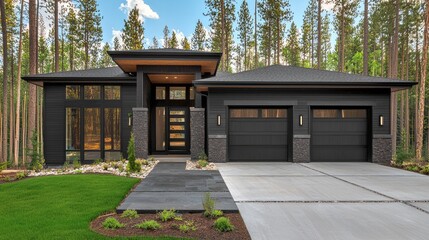 Modern house exterior. Forest background. Architecture for real estate promotion