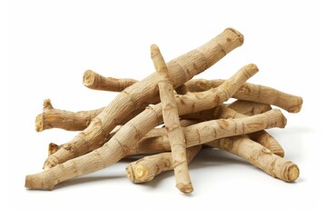 Dried ashwagandha roots arranged artistically on a white backdrop highlighting their natural texture isolated on transparent background