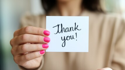 Woman holds a thank you note in front of her