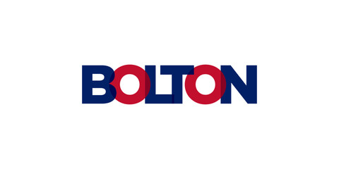 Bolton city in the United Kingdom design features a geometric style illustration with bold typography in a modern font on white background.