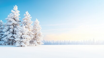Snowy winter landscape frosted pines, sunrise, calm field