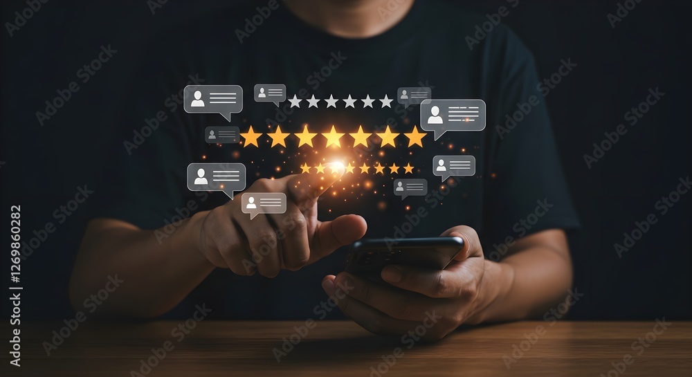 Poster a person interacts with a smartphone, showcasing a digital interface displaying reviews and star rat