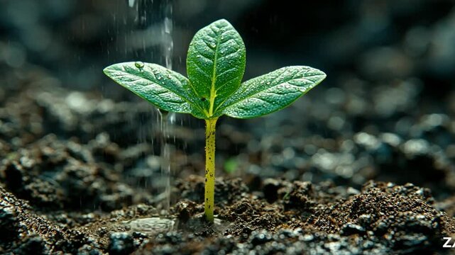 Sprout watered, dark soil, growth, background blurred