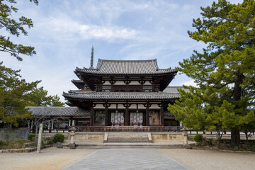 The central gate Horyu-ji Chumon in Nara in Asia, Japan, Kansai, Nara, in summer, on a sunny day.