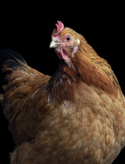 Hen close up on black background