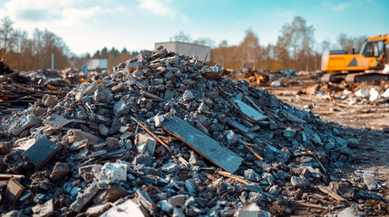 Obraz premium Pile of rubble and debris on top of a wooden house roof, symbolizing destruction and reconstruction, with broken windows showcasing the fragility of modern architecture and the passage of time