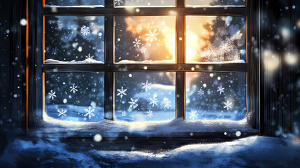 Naklejka premium Snowflakes adorn the window while winter blankets the ground outside. Frozen Thunderstorms. Illustration