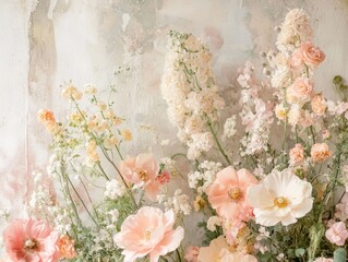 Elegant floral arrangement featuring pastel hues against a textured wall